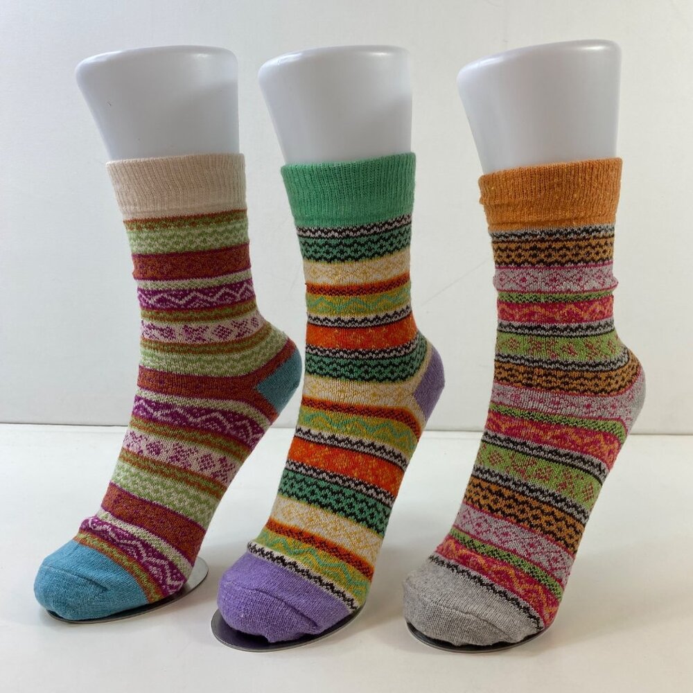 Womens Colorful Striped Thermal Nordic Crew Socks 3 Pack Blue Purple Gray
